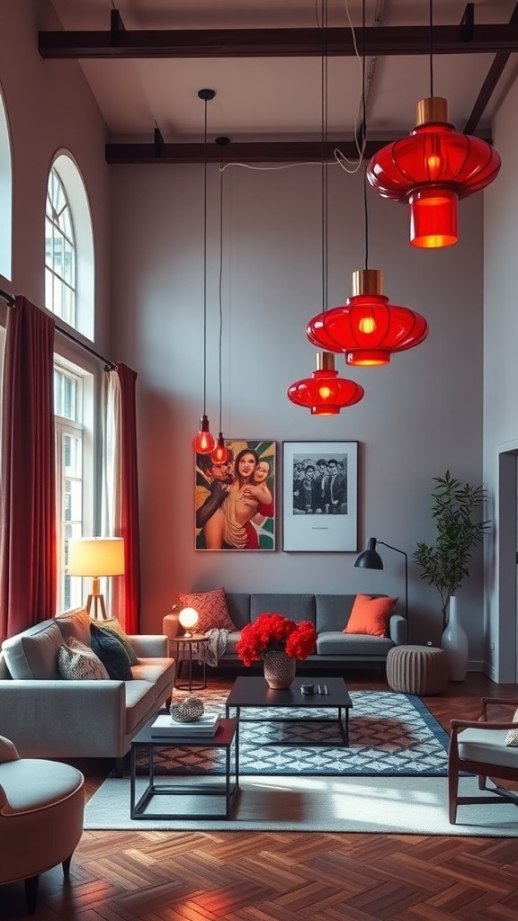 Living room with red statement light fixtures and cozy decor