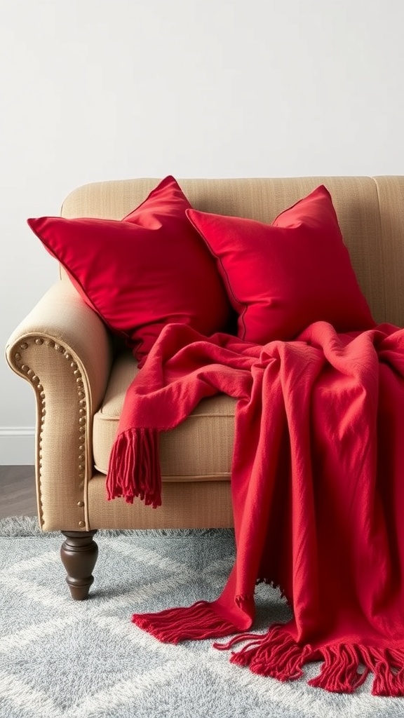 A beige sofa with red throw pillows and a red blanket draped over it, placed on a patterned rug.