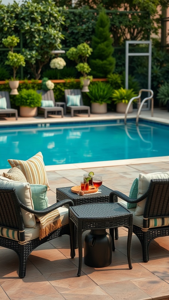 Cozy outdoor lounge area with chairs and a small table by a pool