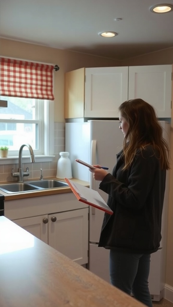 A woman inspecting her kitchen while taking notes to maintain it and keep gnats away.