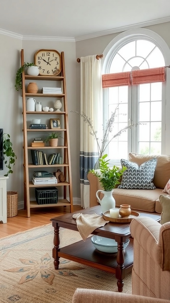 Cozy shabby chic living room with a ladder shelf, wooden coffee table, and plants