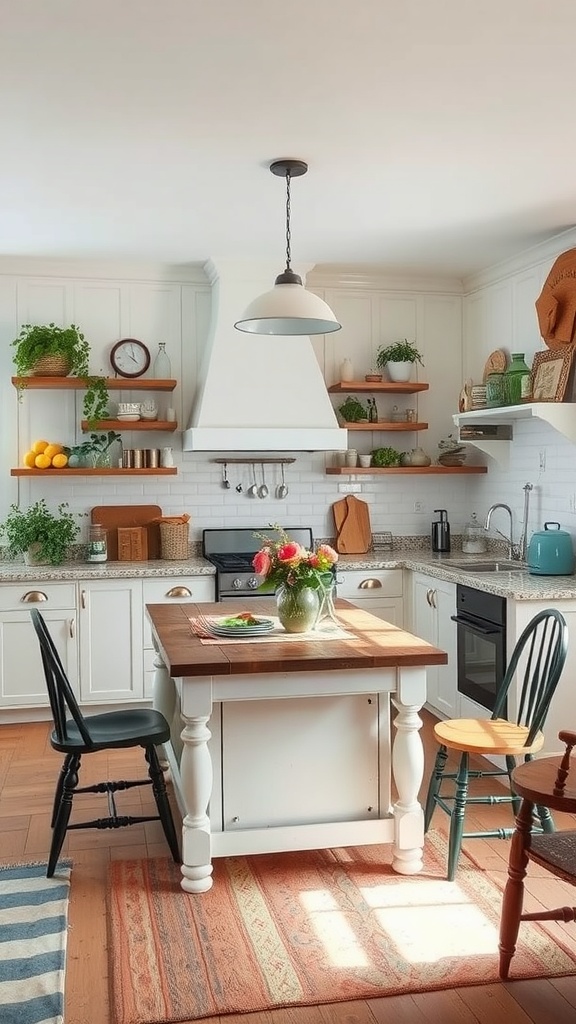 An eclectic kitchen featuring a wooden island, mixed chairs, and stylish decor