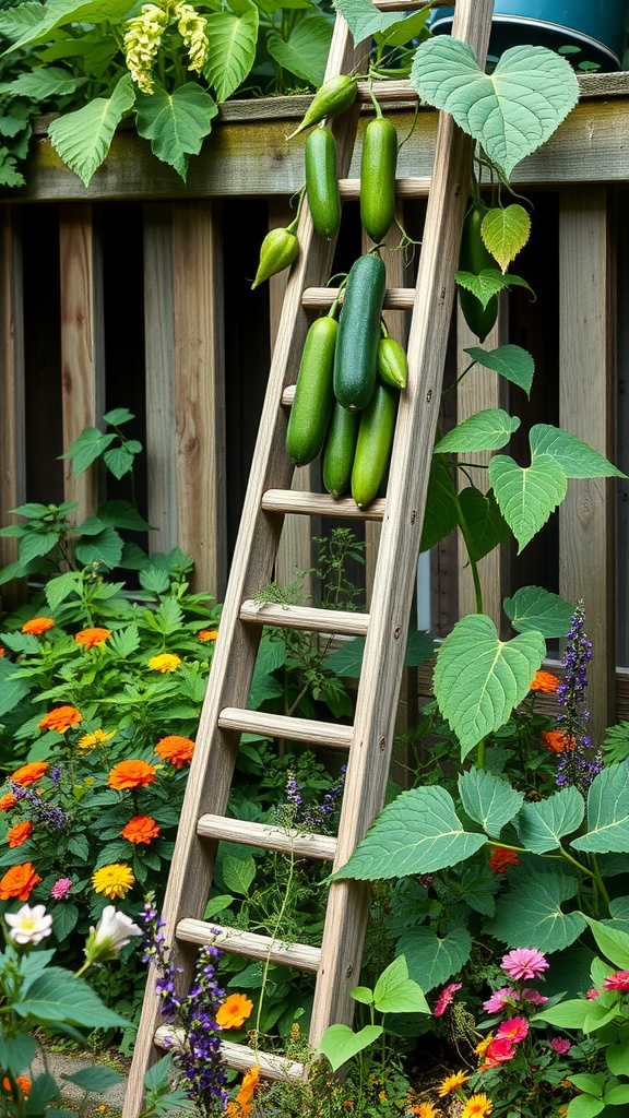 A wooden ladder used as a trellis with cucumbers growing on it, surrounded by vibrant flowers and greenery.