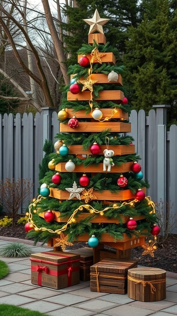 A festive outdoor pallet Christmas tree adorned with colorful ornaments and lights.