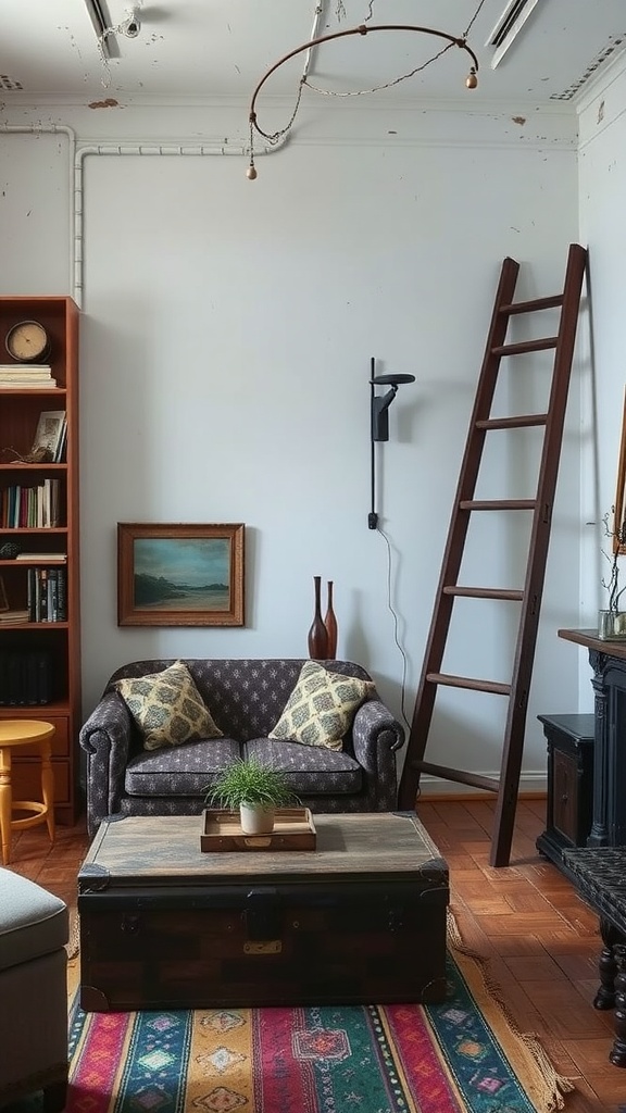 A cozy vintage room featuring a patterned sofa, wooden coffee table, a ladder, and various decor elements.