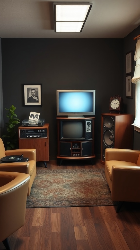 A cozy retro-inspired media area with vintage furniture and decor.