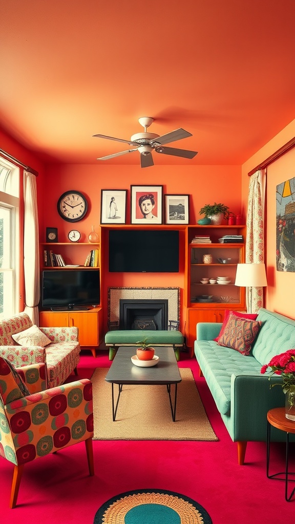 A vibrant retro-inspired living room with orange walls, teal couch, and colorful patterned armchairs.