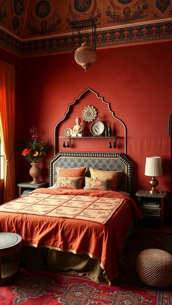 A Moroccan bedroom with rich red walls, vibrant bedding, and decorative elements showcasing an earthy color palette.