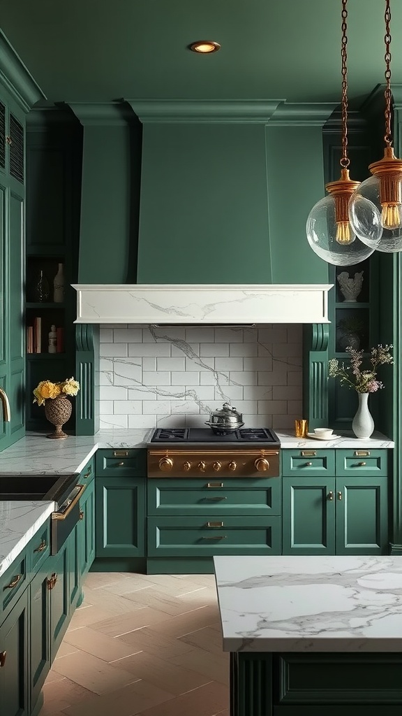 A luxurious kitchen with rich moss green cabinets and ceiling, marble countertops, and brass fixtures.