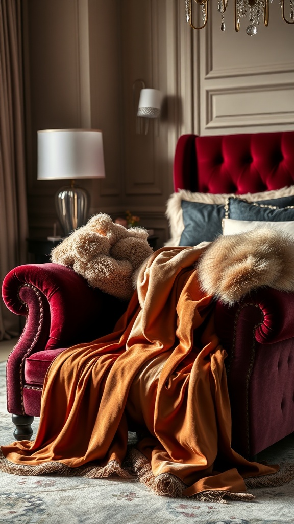 Cozy seating area featuring a red velvet chair with a warm orange throw blanket