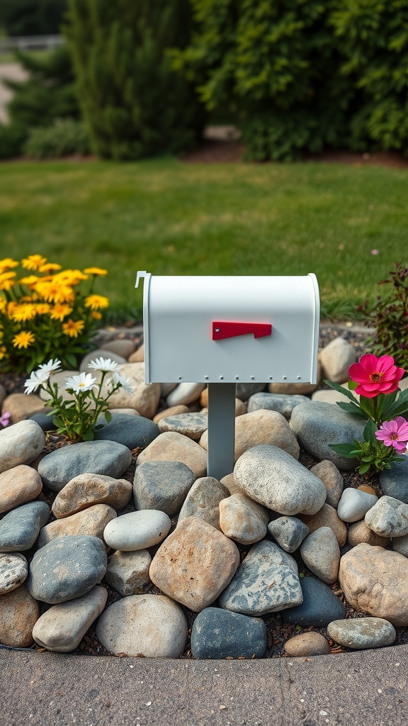 A white mailbox surrounded by colorful flowers and smooth stones in a rock garden.