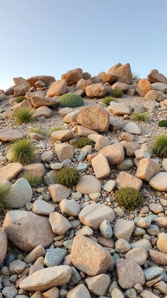 A rock garden filled with various sizes of rocks and green plants.