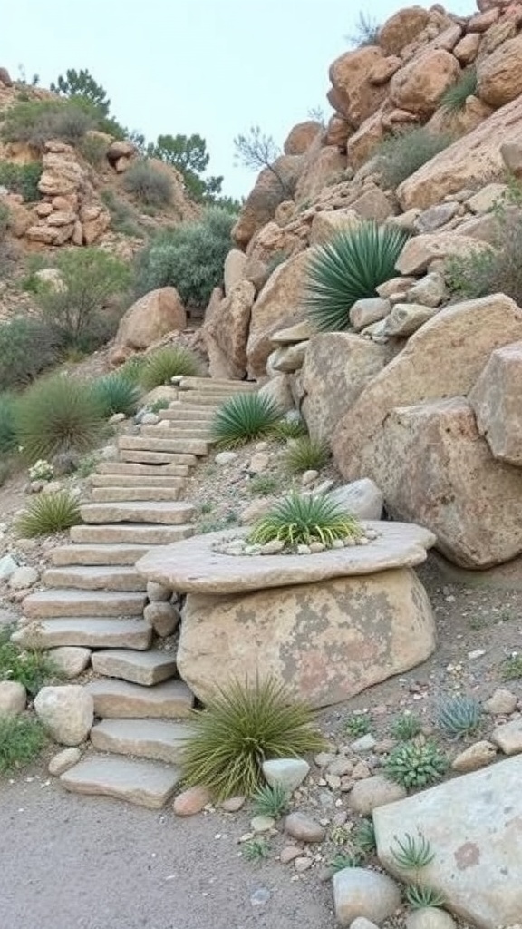 A scenic rock garden with a stone pathway leading through a hilly landscape, featuring various plants and large boulders.