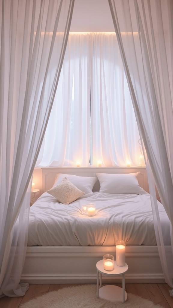 A cozy white bedroom with soft lighting and candles