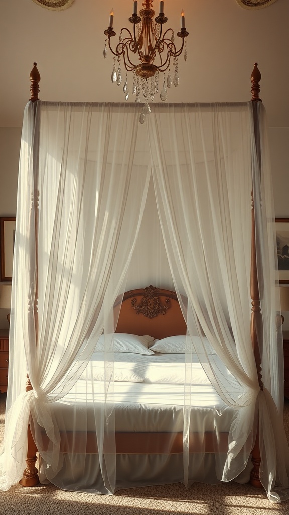 A romantic canopy bed with sheer drapes and an elegant chandelier overhead