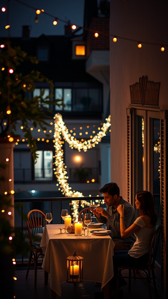 A couple dining on a balcony illuminated by fairy lights and candles, creating a cozy and intimate atmosphere.