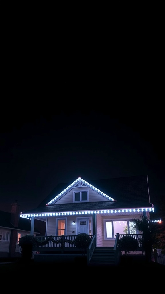 A house decorated with lights along the roofline at night.