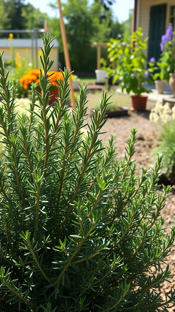 A close-up of a thriving rosemary plant in a sunny garden