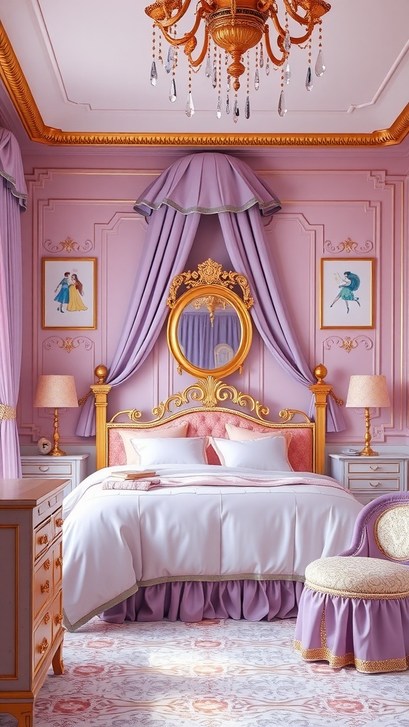 A beautifully decorated princess bedroom featuring pink and lavender colors with gold accents.