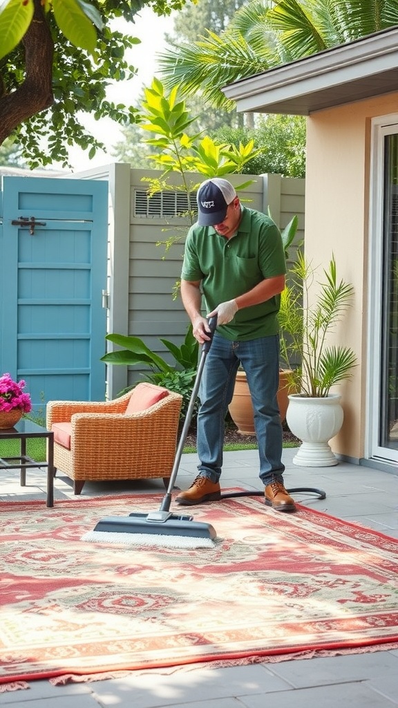 A man vacuuming a colorful patio rug outdoors, showcasing rug maintenance