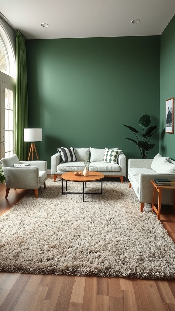 A cozy forest green living room with light sofas, a plush rug, and green curtains.