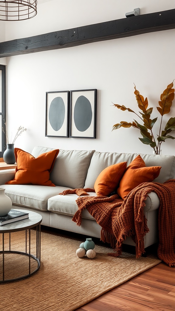 A cozy living room featuring a light gray sofa with rust-colored pillows and throws, accompanied by a round coffee table and a natural fiber rug.