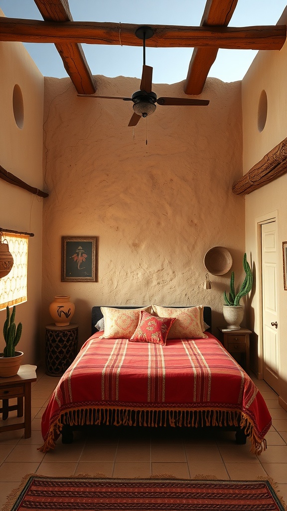 A cozy southwestern bedroom with adobe walls, wooden beams, colorful bedding, and potted plants.