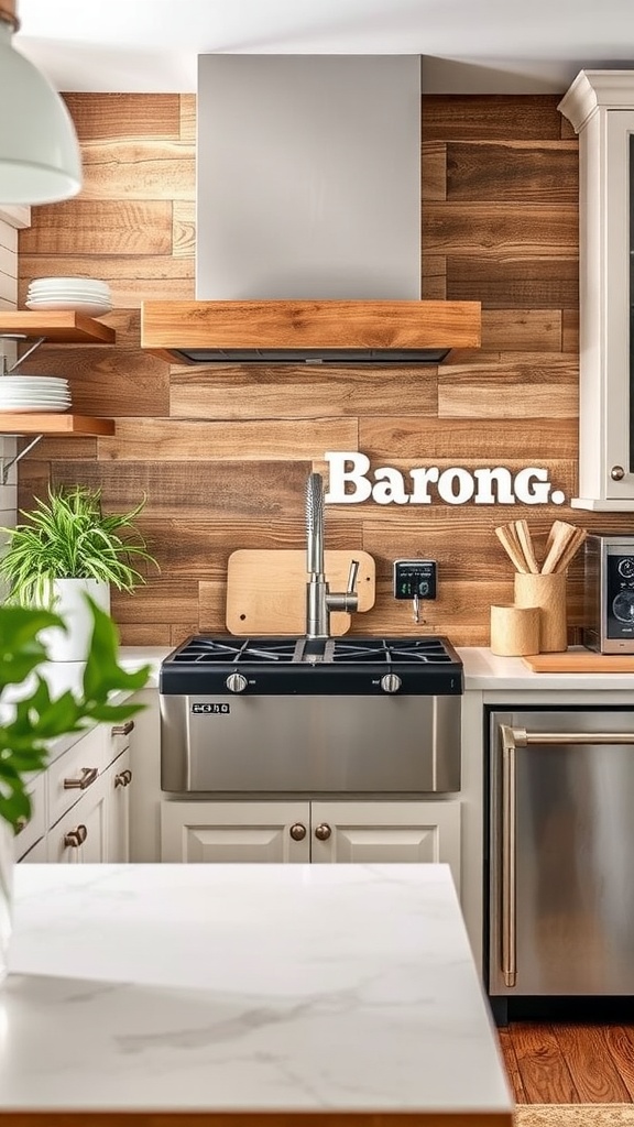 A farmhouse kitchen with a rustic barnwood backsplash, modern appliances, and open shelving.