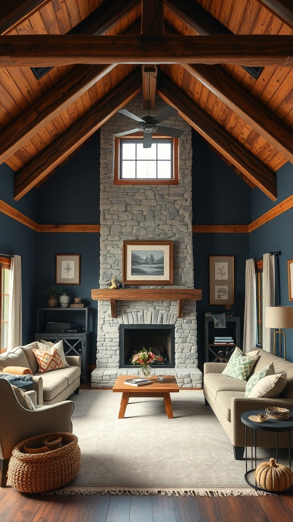 A rustic blue living room with wooden beams, a stone fireplace, and cozy seating