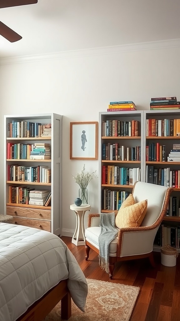 A cozy apartment bedroom featuring rustic bookshelves filled with books and a comfortable reading nook with a plush chair and decorative pillows.