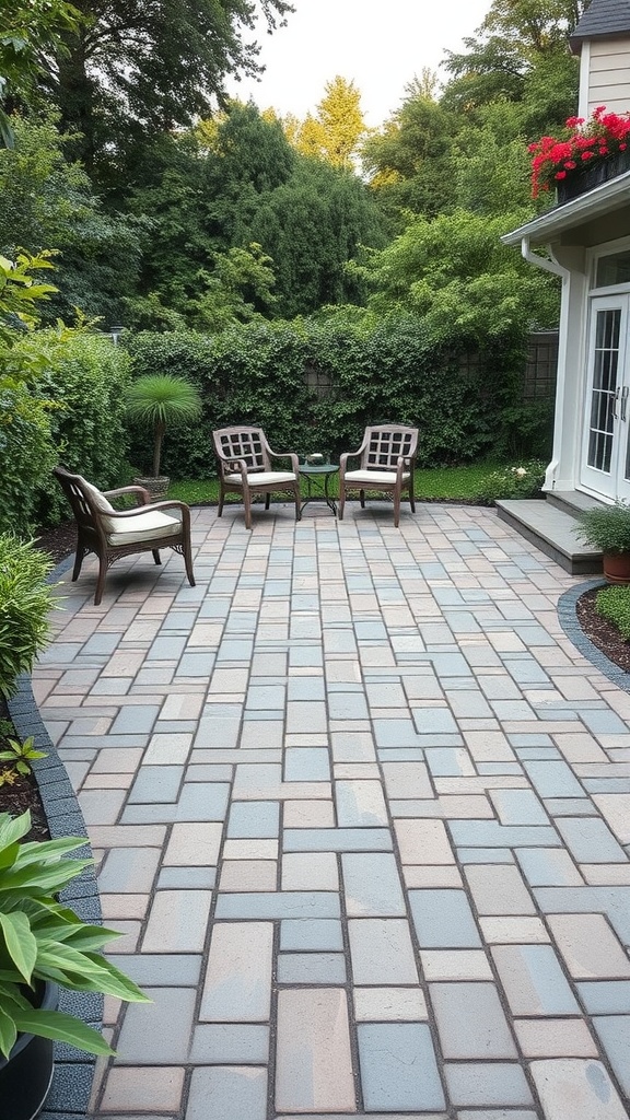 A cozy paver patio featuring rustic brick patterns, surrounded by lush greenery and two comfortable chairs.