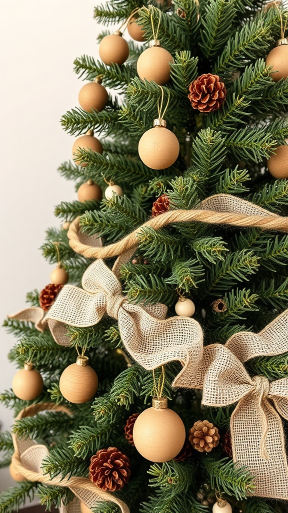 A decorated Christmas tree with burlap and twine accents, featuring wooden ornaments and pinecones.