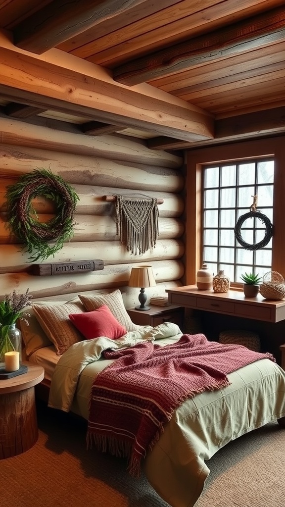 Cozy rustic cabin bedroom with wooden walls, a comfortable bed, and natural decor