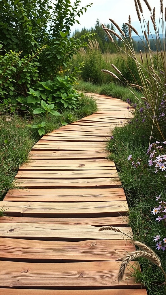 A rustic cedar plank pathway winding through lush greenery and flowers