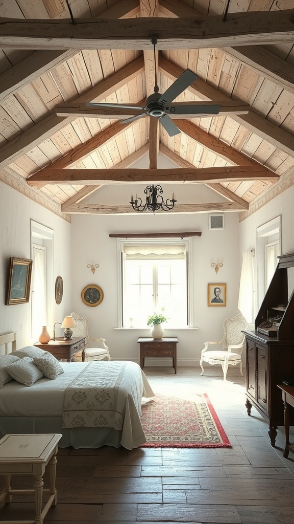 A whitewashed bedroom featuring wooden beams, rustic furniture, and a cozy atmosphere.