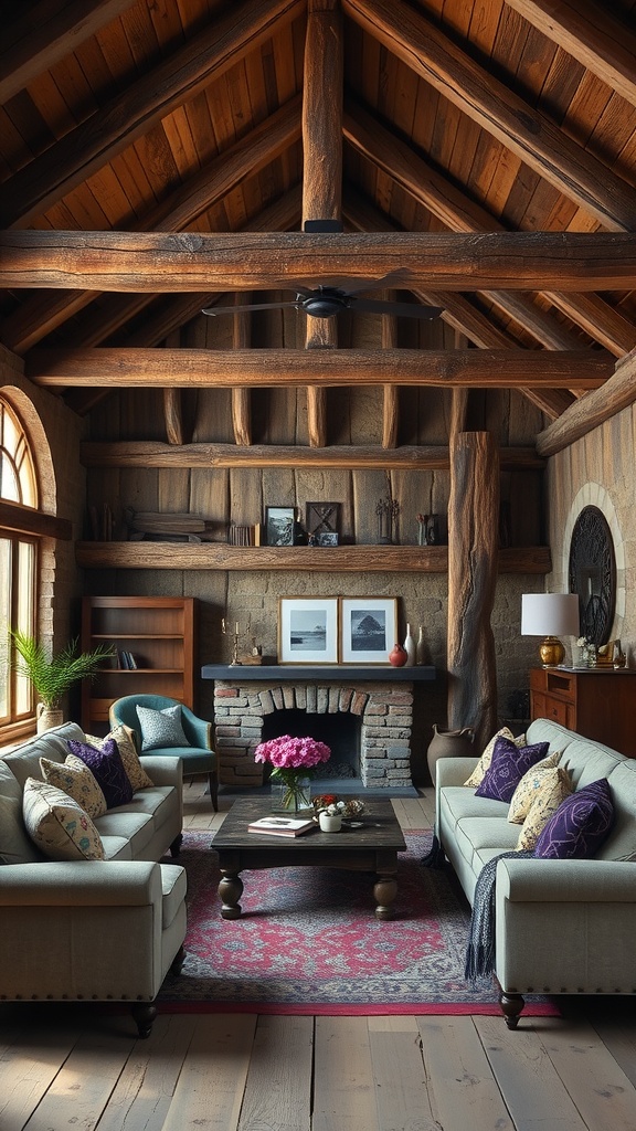 A rustic living room with wooden beams, stone fireplace, and purple accents.