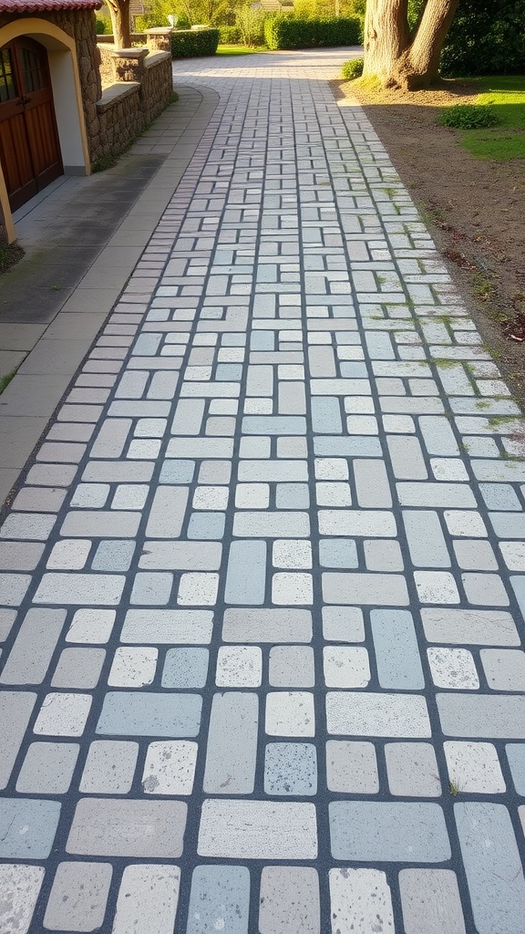 Driveway made of weathered pavers arranged in a classic pattern, surrounded by greenery.