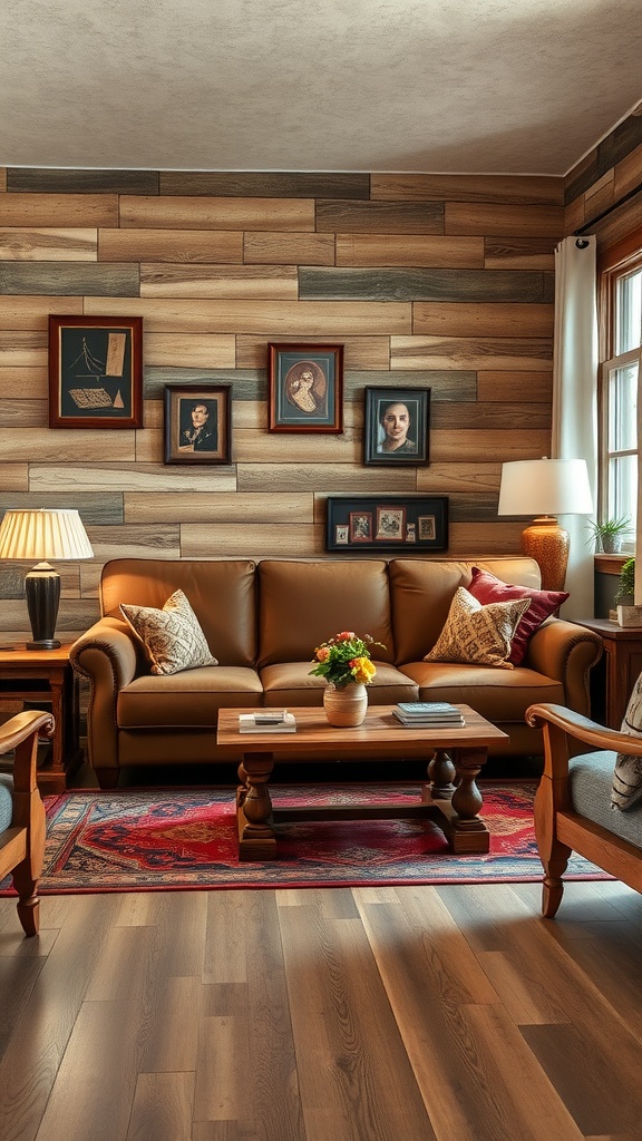 A cozy rustic living room featuring a brown sofa, wooden walls, and a warm atmosphere.