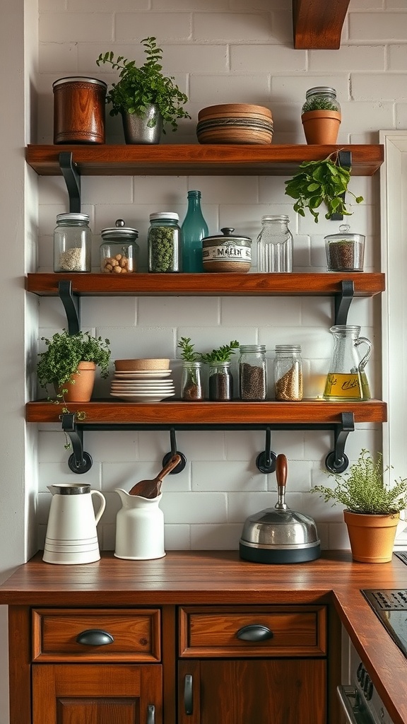 Open shelving in a rustic kitchen featuring wooden shelves, glass jars, and potted herbs