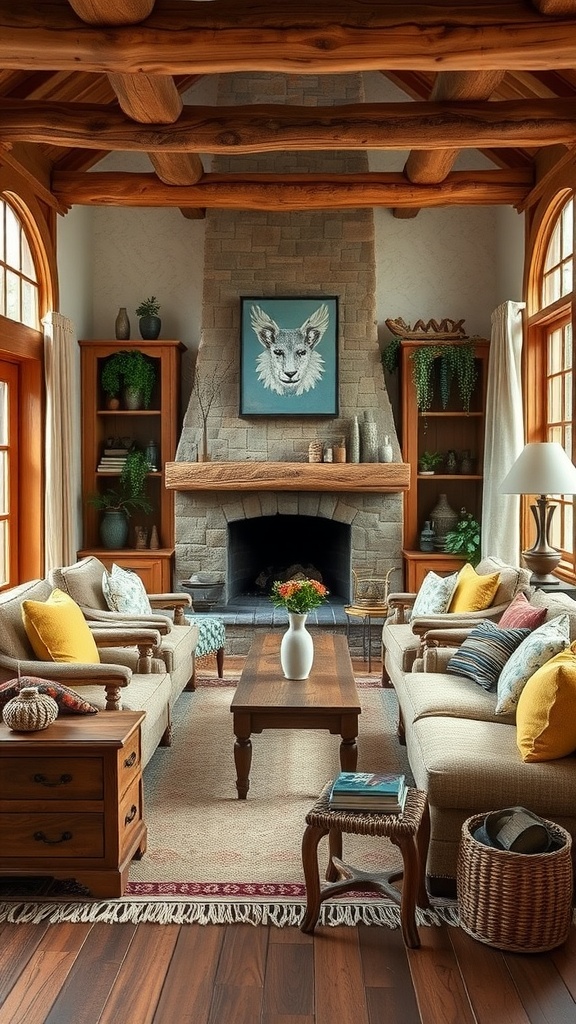 A rustic living room featuring warm wooden beams, a stone fireplace, and cozy seating with colorful cushions.