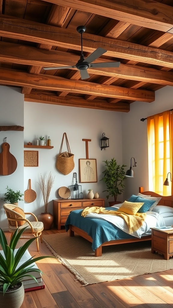 A rustic bedroom with wooden beams, blue and yellow decor, plants, and natural elements.