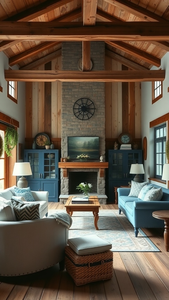 A rustic farmhouse living room featuring blue and white decor, wooden beams, and a stone fireplace.