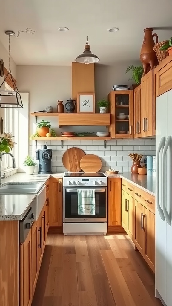 A rustic farmhouse kitchen featuring wooden cabinets, open shelving, and warm decor elements.