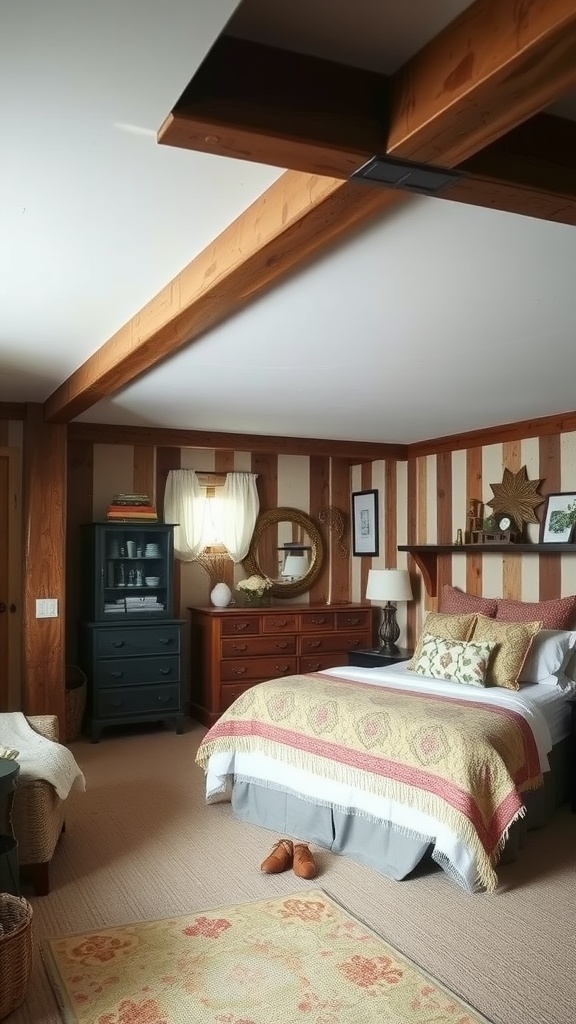 Cozy basement bedroom with rustic farmhouse charm featuring wooden beams, striped walls, and inviting bedding.