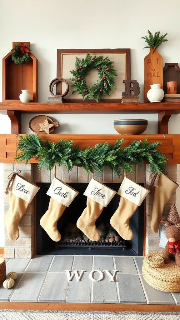 A rustic farmhouse decorated mantel with greenery, stockings, and rustic decor.