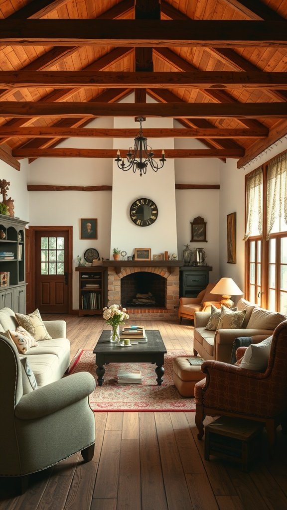 A cozy rustic farmhouse living room featuring wooden beams, comfortable seating, and a brick fireplace.