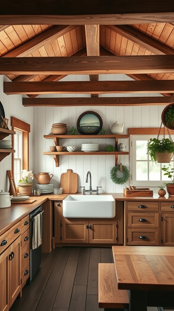 A cozy rustic farmhouse kitchen featuring wooden beams, a farmhouse sink, and open shelves with pottery.