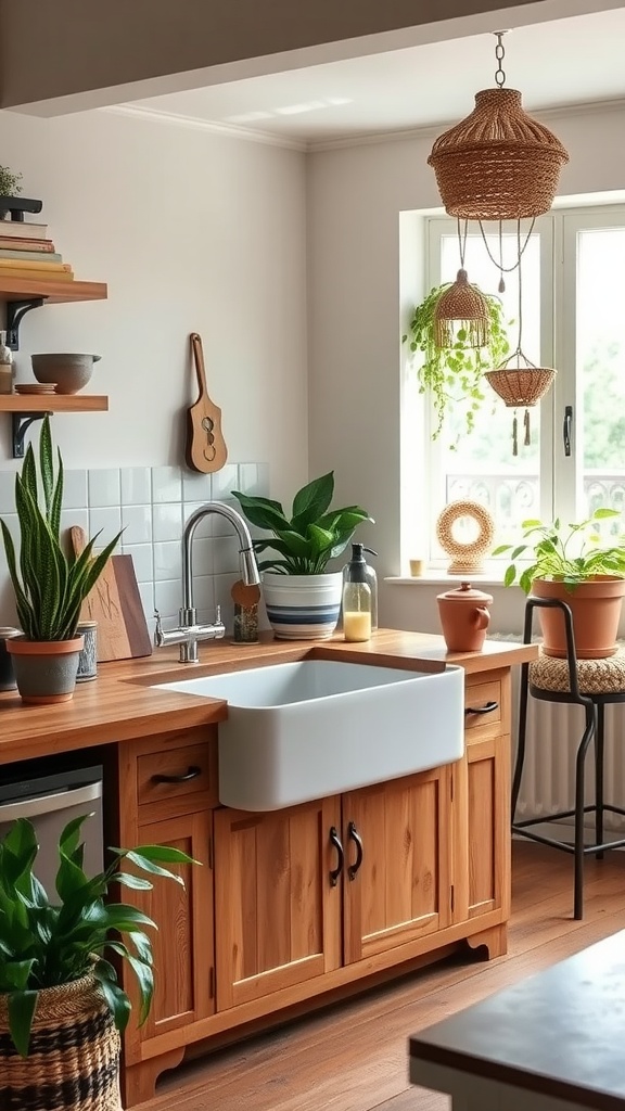 A rustic farmhouse sink in a boho kitchen with wooden cabinetry and plants.