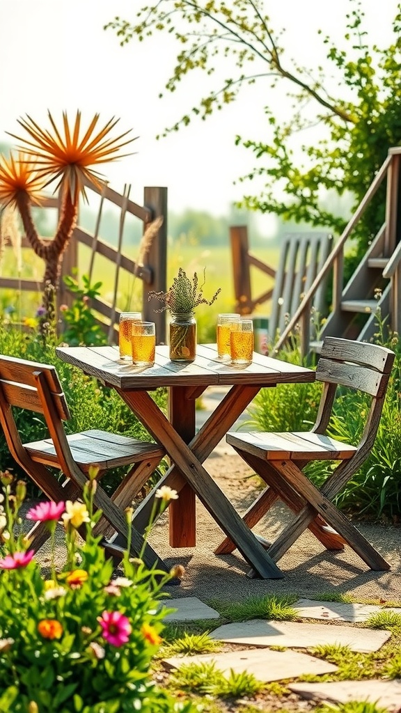 A rustic farmhouse style bistro set with a wooden table and chairs surrounded by greenery and colorful flowers.