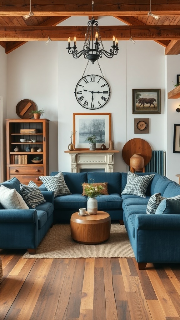 Living room featuring a deep blue couch, rustic wooden accents, and classic decor elements.